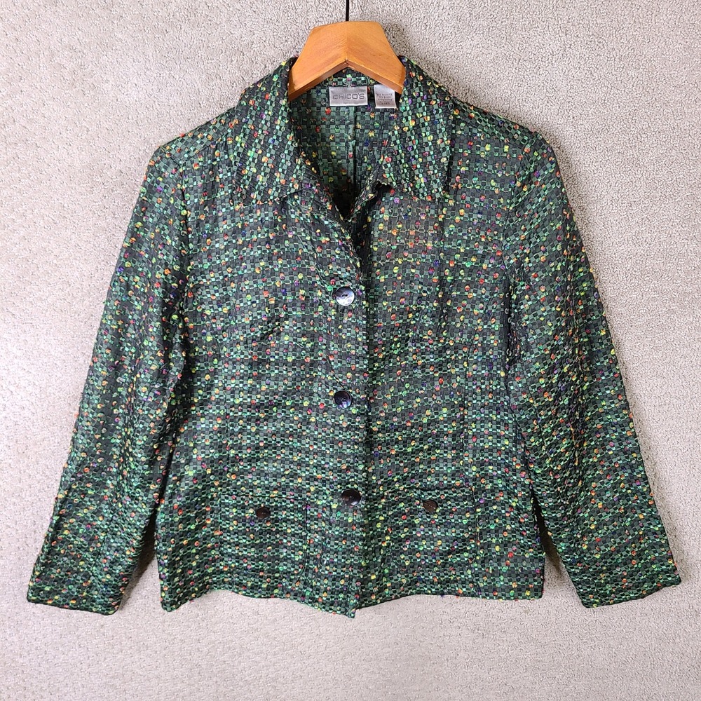 Vintage Chicos Jacket Women 0 (US 4) Textured Blazer Multi Color Speck Button Up